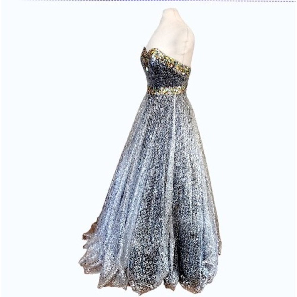 Tony Bowls Le Gala Silver Sequin Rhinestone Pageant Princess Red Carpet Gown 6 - Picture 3 of 14